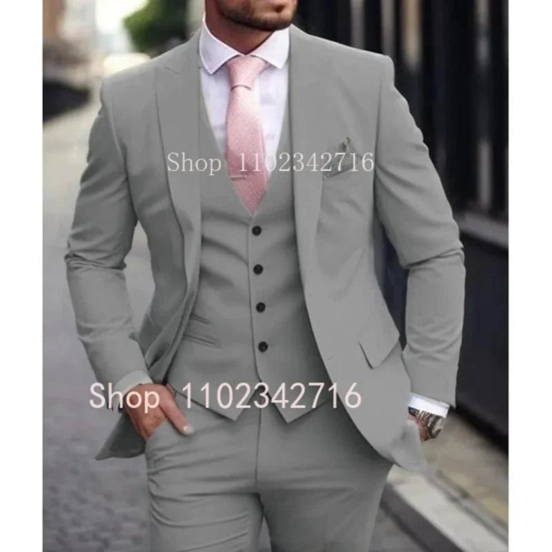 Pink Showlu Fashion men's 3-piece slim fit wedding tuxedo with jacket, pants, and vest, ideal for groom or formal occasions.
