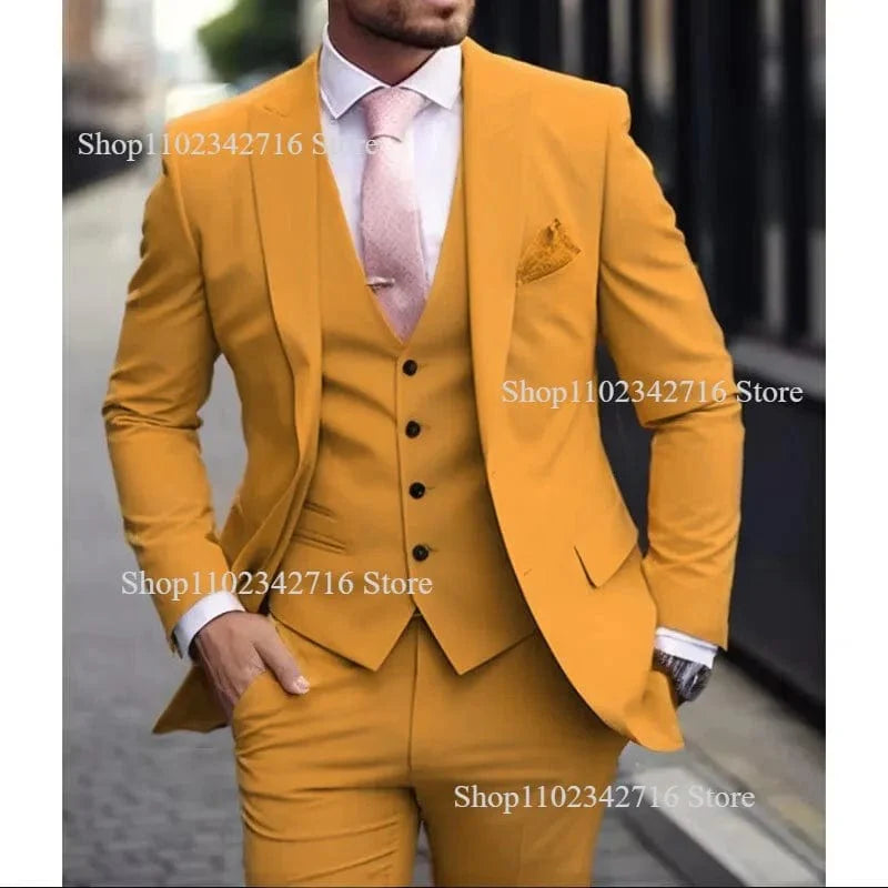 Pink Showlu Fashion men's 3-piece slim fit tuxedo with jacket, vest, and pants, ideal for groom wedding or formal occasions.