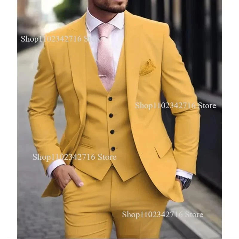 Pink Showlu Fashion men's 3-piece slim fit wedding tuxedo with jacket, vest, and pants, perfect for groom or formal occasions.
