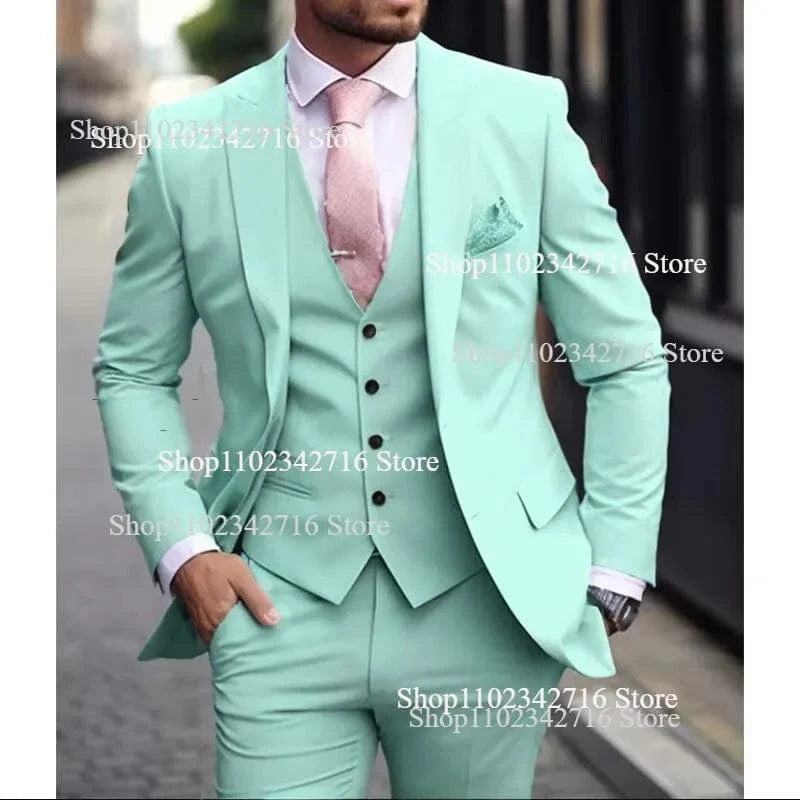 Pink Showlu Fashion men's 3-piece slim fit wedding tuxedo with jacket, vest, and pants, ideal for groom and formal occasions.