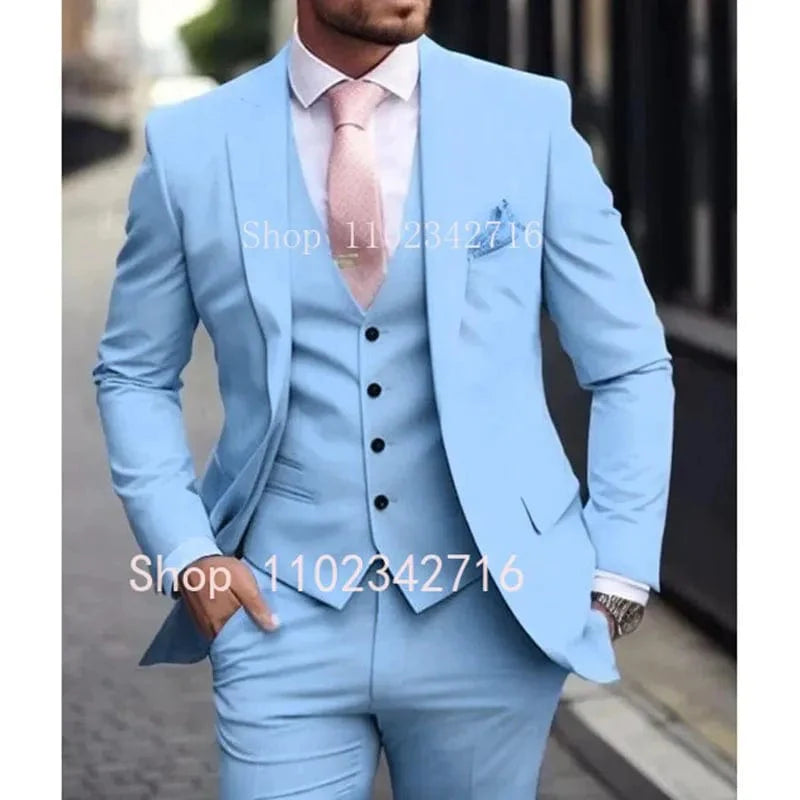 Pink Showlu Fashion men's 3-piece slim fit wedding tuxedo with jacket, vest, and pants, perfect for grooms and formal occasions.