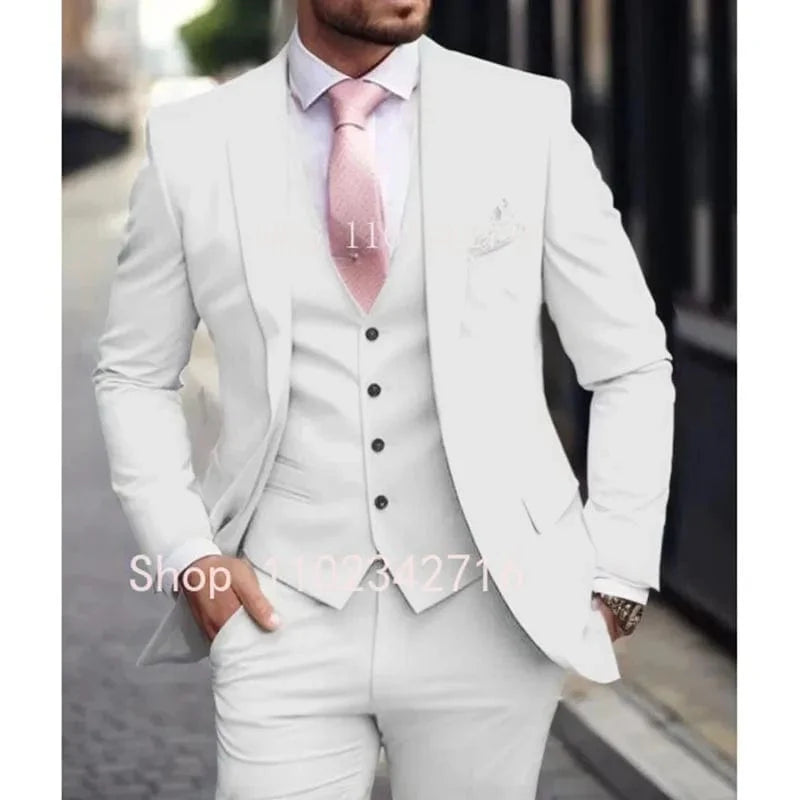 Pink Showlu Fashion men's 3-piece slim fit wedding tuxedo with jacket, pants, and vest, ideal for groom and formal occasions.