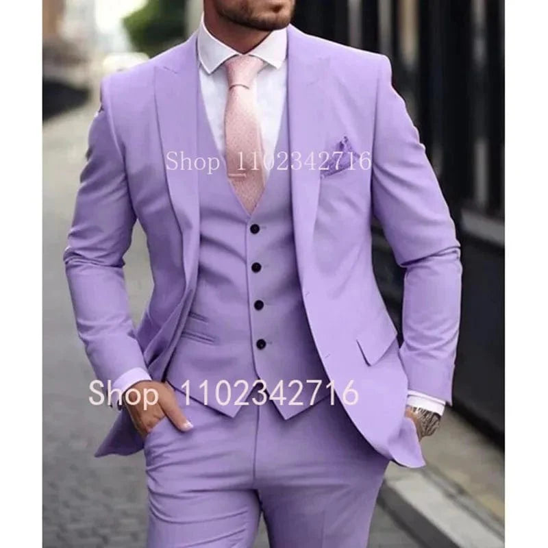 Pink Showlu Fashion men's 3-piece slim fit wedding tuxedo with jacket, vest, and pants, ideal for groom formal occasions.