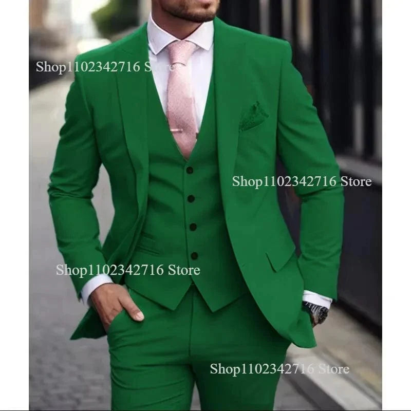 Pink men's 3-piece slim fit suit with jacket, vest, and pants, ideal for groom wedding tuxedo from Showlu Fashion.