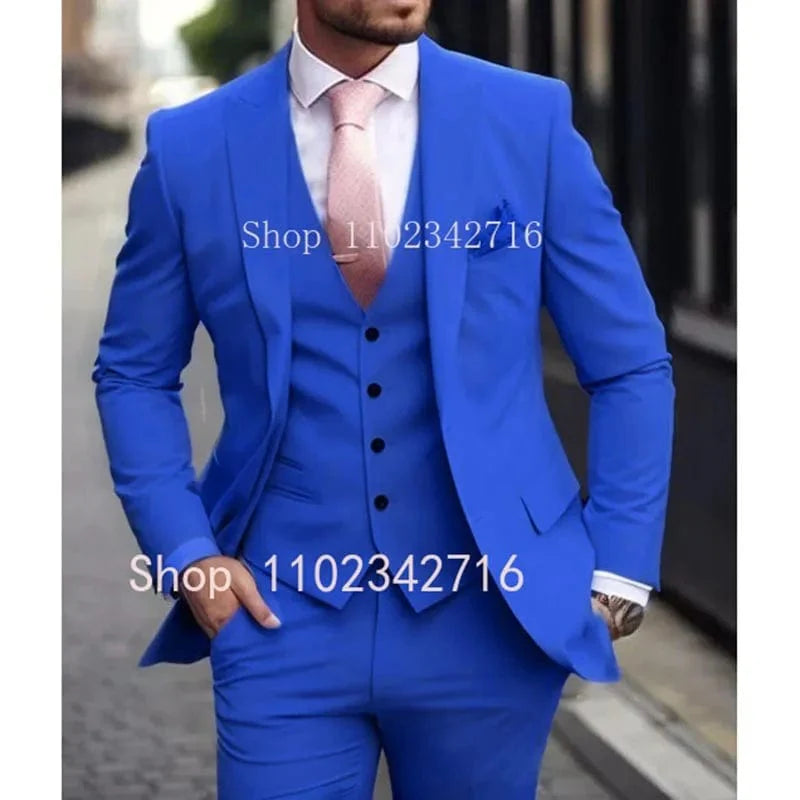 Pink Showlu Fashion men's 3-piece slim fit suit with jacket, vest, and pants, ideal for groom wedding or formal occasions.