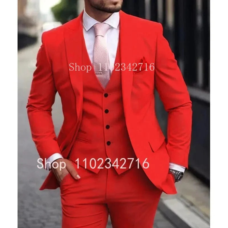 Pink slim fit men's wedding suit with jacket, vest, and pants from Showlu Fashion, ideal for groom or formal occasions.