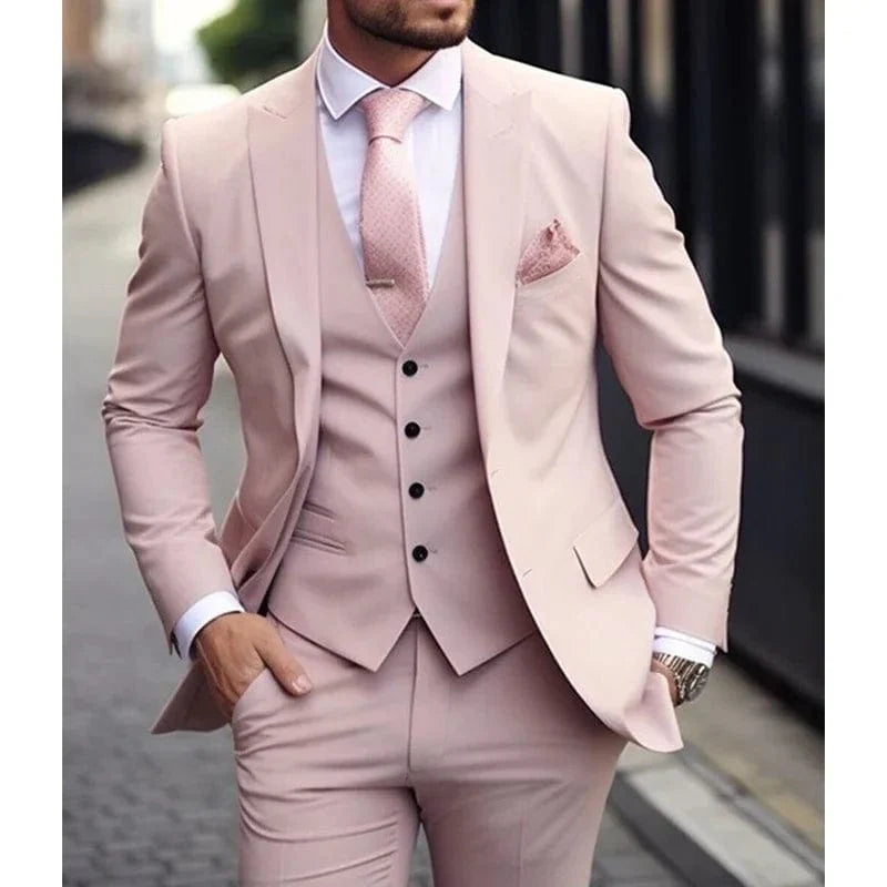 Showlu Fashion men's 3-piece pink suit with slim fit jacket, vest, and pants, perfect for formal occasions