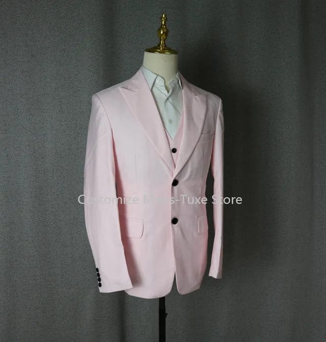 Showlu Fashion men's 3-piece pink slim fit suit with jacket, vest, and pants, perfect for formal occasions and stylish attire.