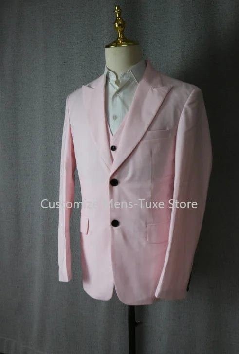 Showlu Fashion men's 3-piece pink suit with jacket, vest, and pants, slim fit formal outfit for men.