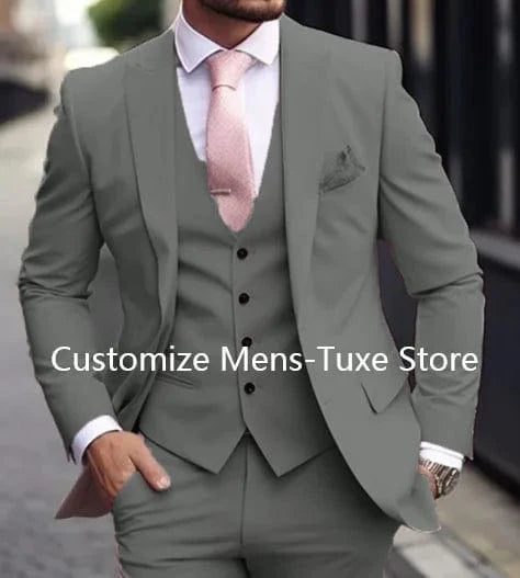 Showlu Fashion men's 3-piece pink suit with blazer, vest, and pants, tailored slim fit for formal occasions.
