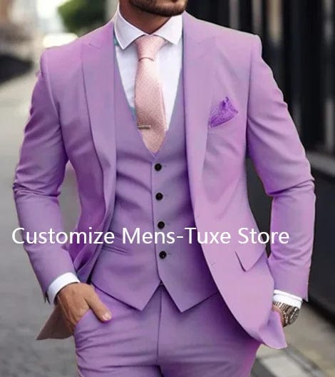 Showlu Fashion men's 3-piece pink slim fit suit with jacket, vest, and pants, perfect for formal occasions and stylish events.