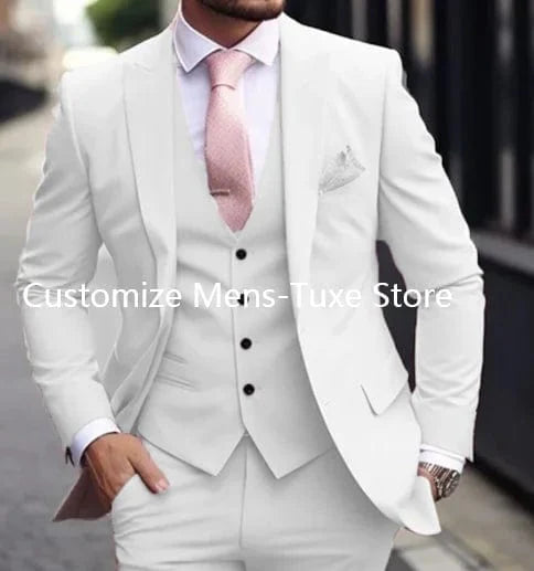 Showlu Fashion men's 3-piece slim fit pink suit with jacket, vest, and pants, ideal for formal occasions and stylish menswear.