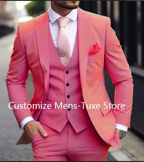 Showlu Fashion men's pink 3-piece slim fit suit with jacket, vest, and pants, perfect for formal occasions and stylish events.