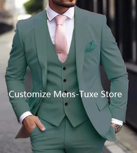 Showlu Fashion men's 3-piece slim fit pink suit with jacket, vest, and pants, perfect for formal occasions.