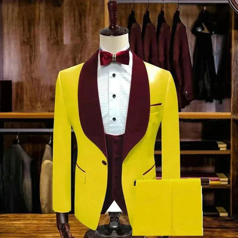 Pink men's slim fit 3-piece suit with burgundy velvet lapel, shown on a model, ideal for formal events and weddings by SHOWLU FASHION STORE.