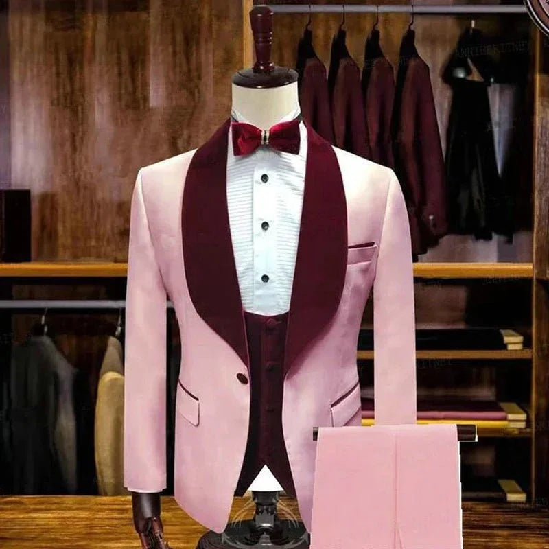 Men's pink slim fit 3-piece suit with burgundy velvet lapel, formal wedding or prom tuxedo by SHOWLU FASHION STORE.