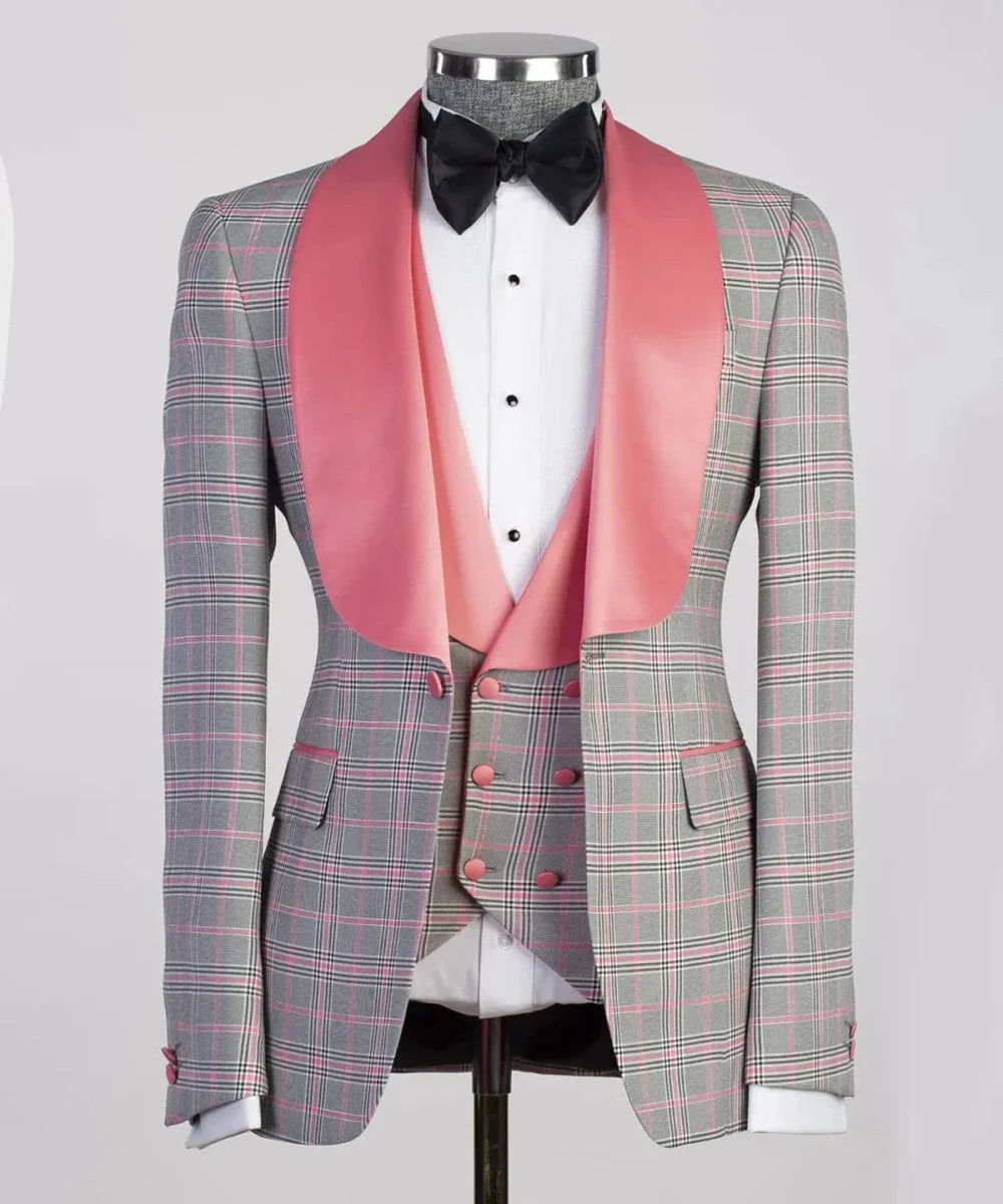 Pink plaid men's 2-piece suit with blazer and vest, skinny fit, wide lapel, tailored for weddings, business, or casual wear.