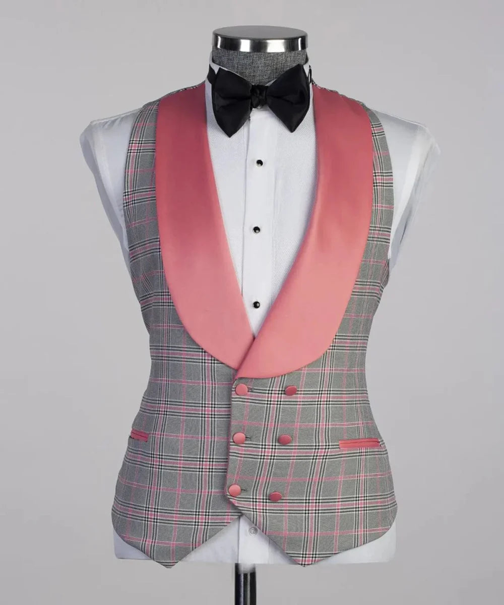 Pink plaid men's 2-piece suit with blazer and vest, skinny fit, wide lapel, tailored for wedding groom or formal occasions.