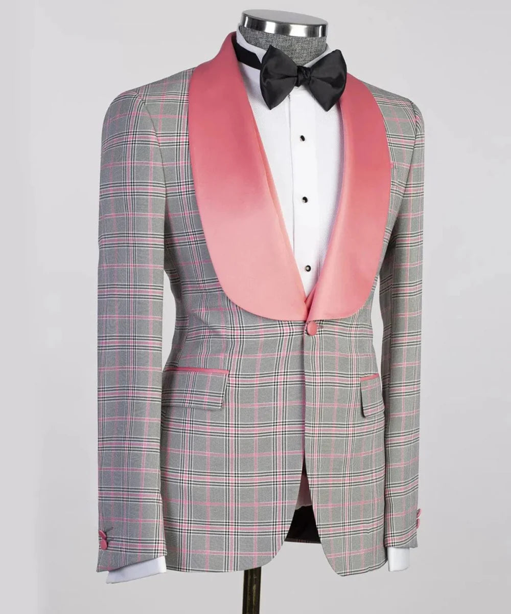 Pink plaid men's 2-piece suit with blazer and vest, skinny fit, wide lapel, tailored for wedding or formal occasions.