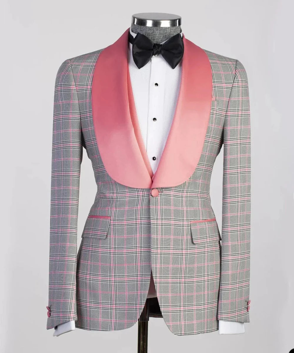 Pink plaid men's 2-piece suit with blazer and vest, skinny fit wedding groom attire, featuring wide lapel and one-button closure.