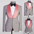 Pink plaid men's 2-piece suit with blazer and vest, skinny fit, wide lapel, tailored for wedding grooms or formal occasions.