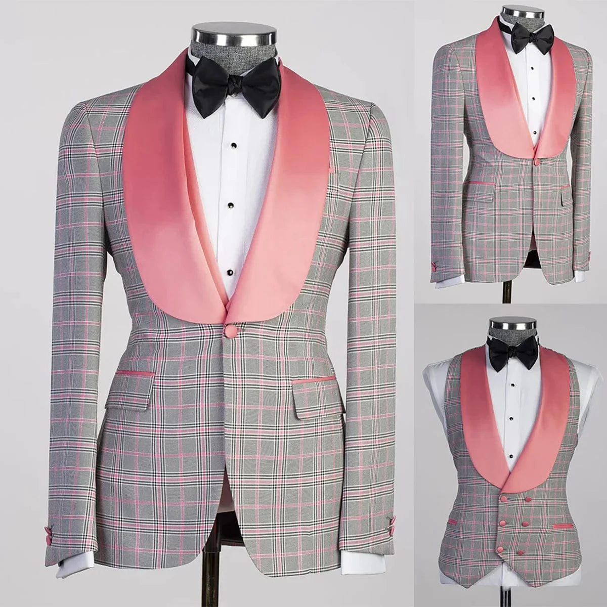 Pink plaid men's 2-piece suit with blazer and vest, skinny fit, wide lapel, tailored for wedding grooms or formal occasions.