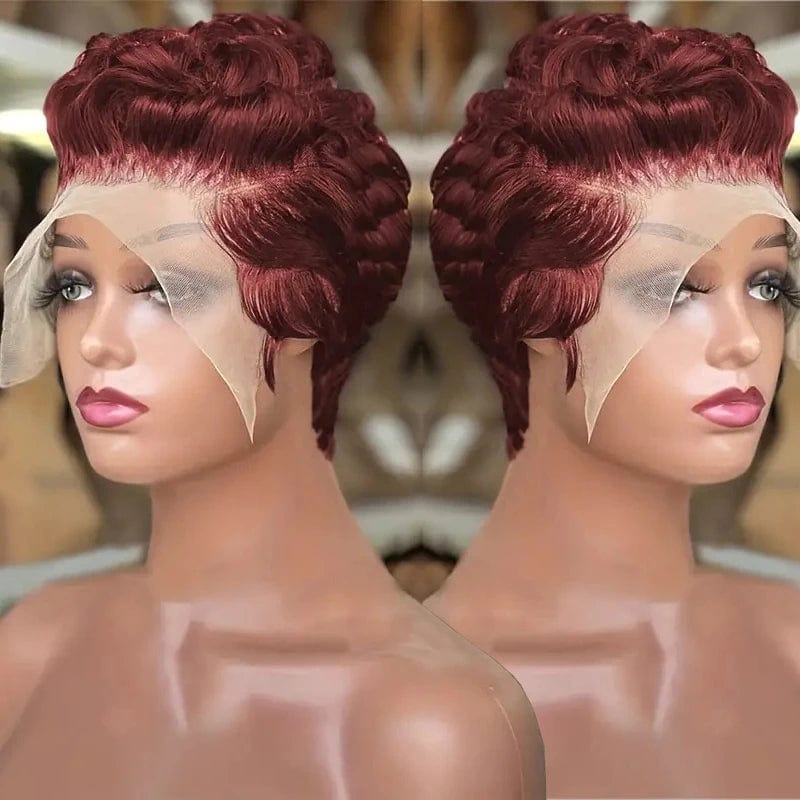 Showlu 13x4 Pixie Cut Human Hair Wig with short curly bob, lace frontal, #350 color for black women