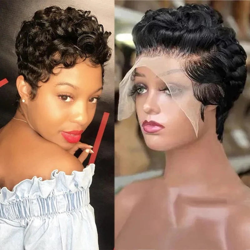 Showlu 13x4 Pixie Cut Human Hair Wig with curly short bob style, #350 color, lace frontal for black women, natural look