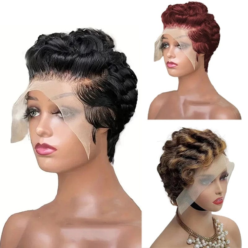Showlu 13x4 Pixie Cut Human Hair Wig with curly short bob style in #350 color, lace frontal for black women.
