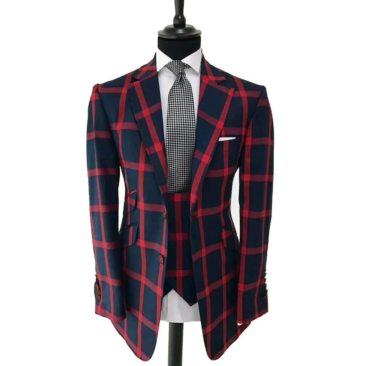 Men's plaid slim fit wedding tuxedo with notched lapel, 2-piece jacket and vest, ideal for groom, business, or formal events.