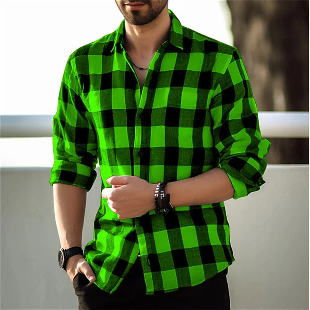 Men's plaid print lapel cardigan by SHOWLU FASHION, casual long-sleeve shirt perfect for daily wear and street style.