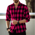 Men's plaid print lapel cardigan by SHOWLU FASHION, casual long-sleeve silk shirt for stylish daily and streetwear looks.