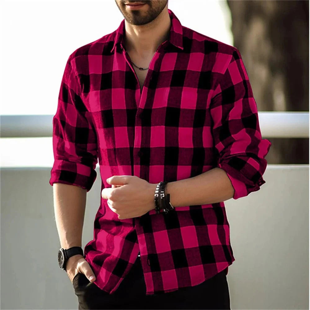 Men's plaid print lapel cardigan by SHOWLU FASHION, casual long-sleeve silk shirt for stylish daily and streetwear looks.