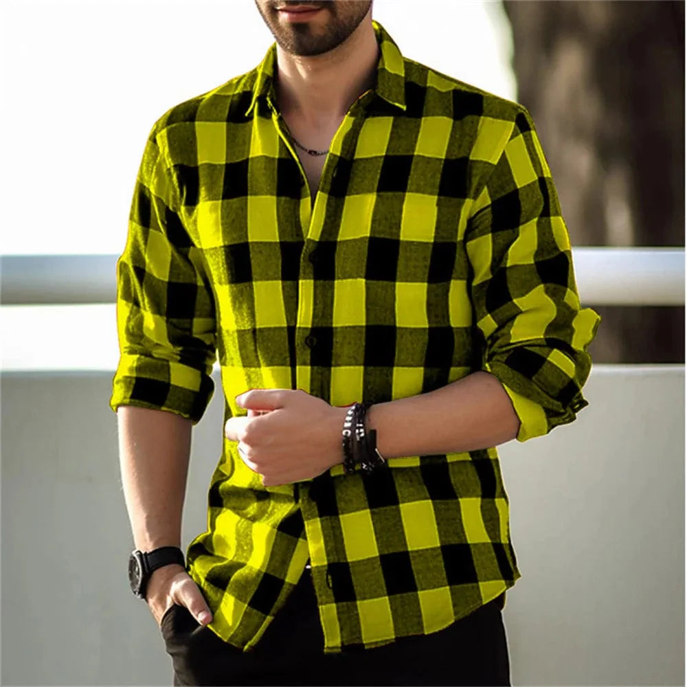 Men's plaid print lapel cardigan by SHOWLU FASHION, casual long-sleeve silk shirt for stylish daily wear and street fashion.