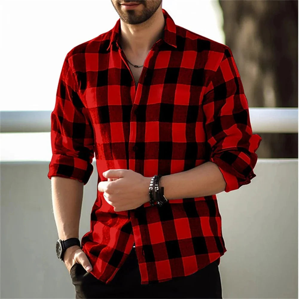 SHOWLU FASHION men's plaid print lapel cardigan, casual long-sleeve silk shirt for stylish daily wear and parties.