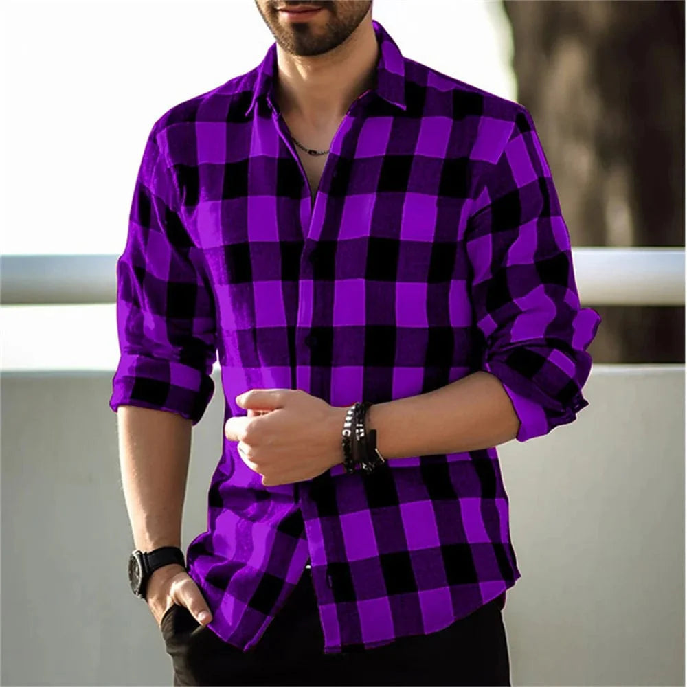 Men's plaid print lapel cardigan by SHOWLU FASHION, casual long-sleeve silk shirt for stylish daily wear and street fashion.