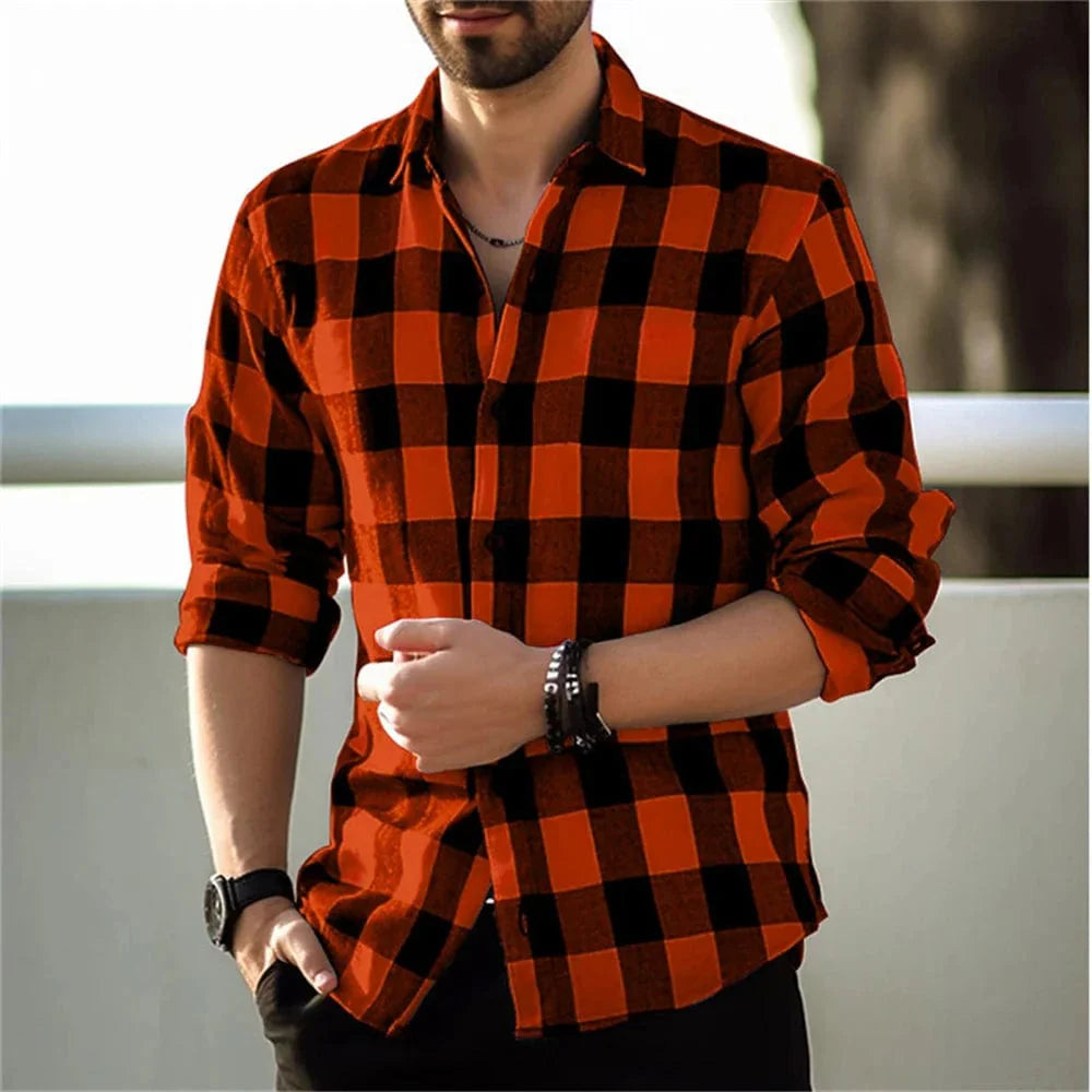 Men's plaid print lapel cardigan by SHOWLU FASHION, casual long-sleeved silk shirt for stylish daily wear and parties.