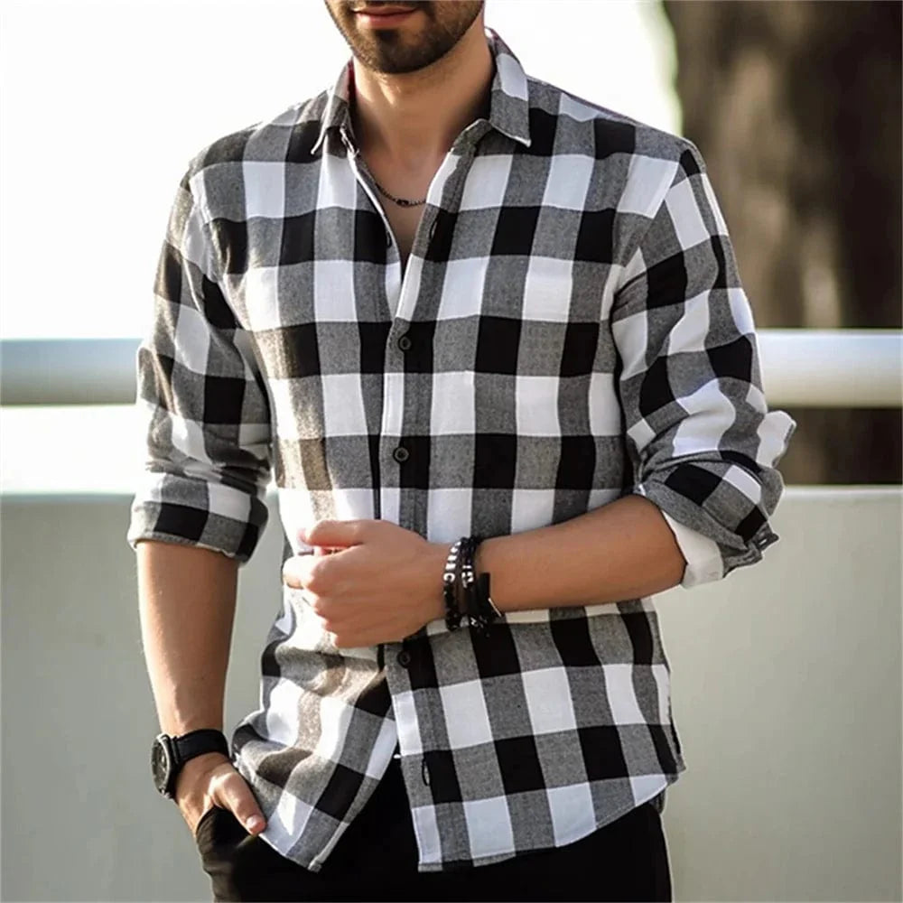 Men's plaid print lapel cardigan by SHOWLU FASHION, featuring casual style, long sleeves, and a fashionable design for daily wear.