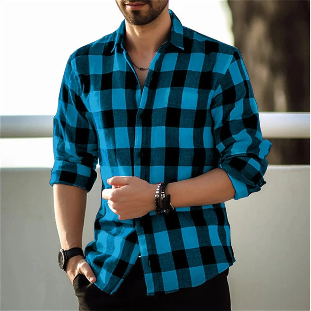 Men's SHOWLU FASHION plaid print lapel cardigan, casual long-sleeve shirt for daily wear and stylish street fashion.