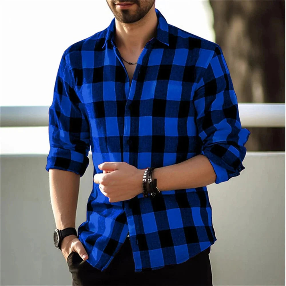 Men's plaid print lapel cardigan by SHOWLU FASHION, casual long-sleeve silk shirt for stylish daily wear and street fashion.
