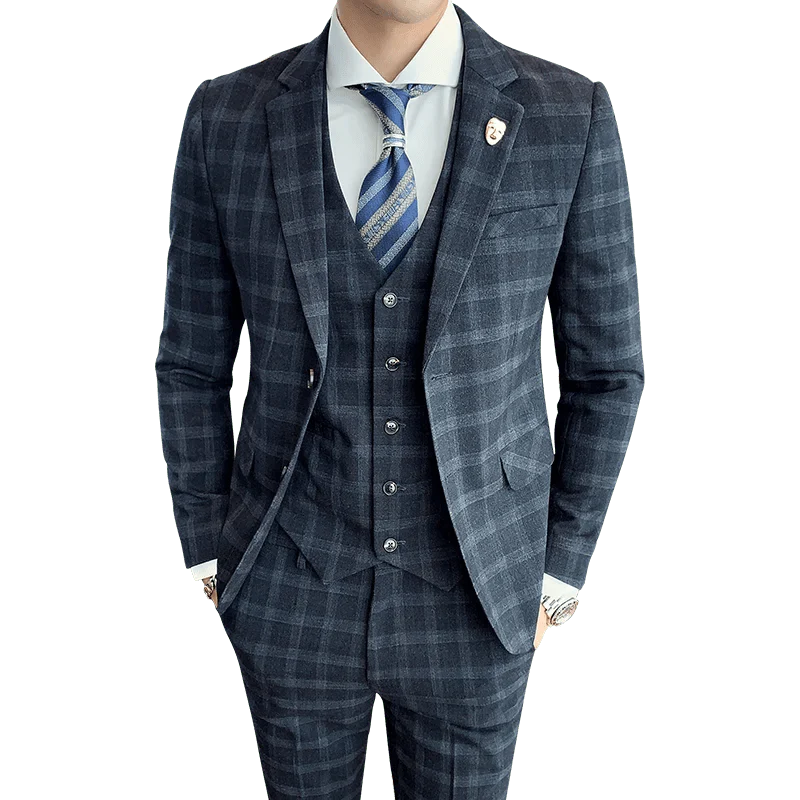 Showlu men's plaid 3-piece slim fit suit with waistcoat and trousers, ideal for wedding and business occasions, British style.