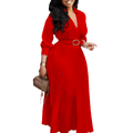 SHOWLU Sexy Sling V-Neck Midi Dress with pleated A-line design, polyester fabric, stylish and flattering for women.
