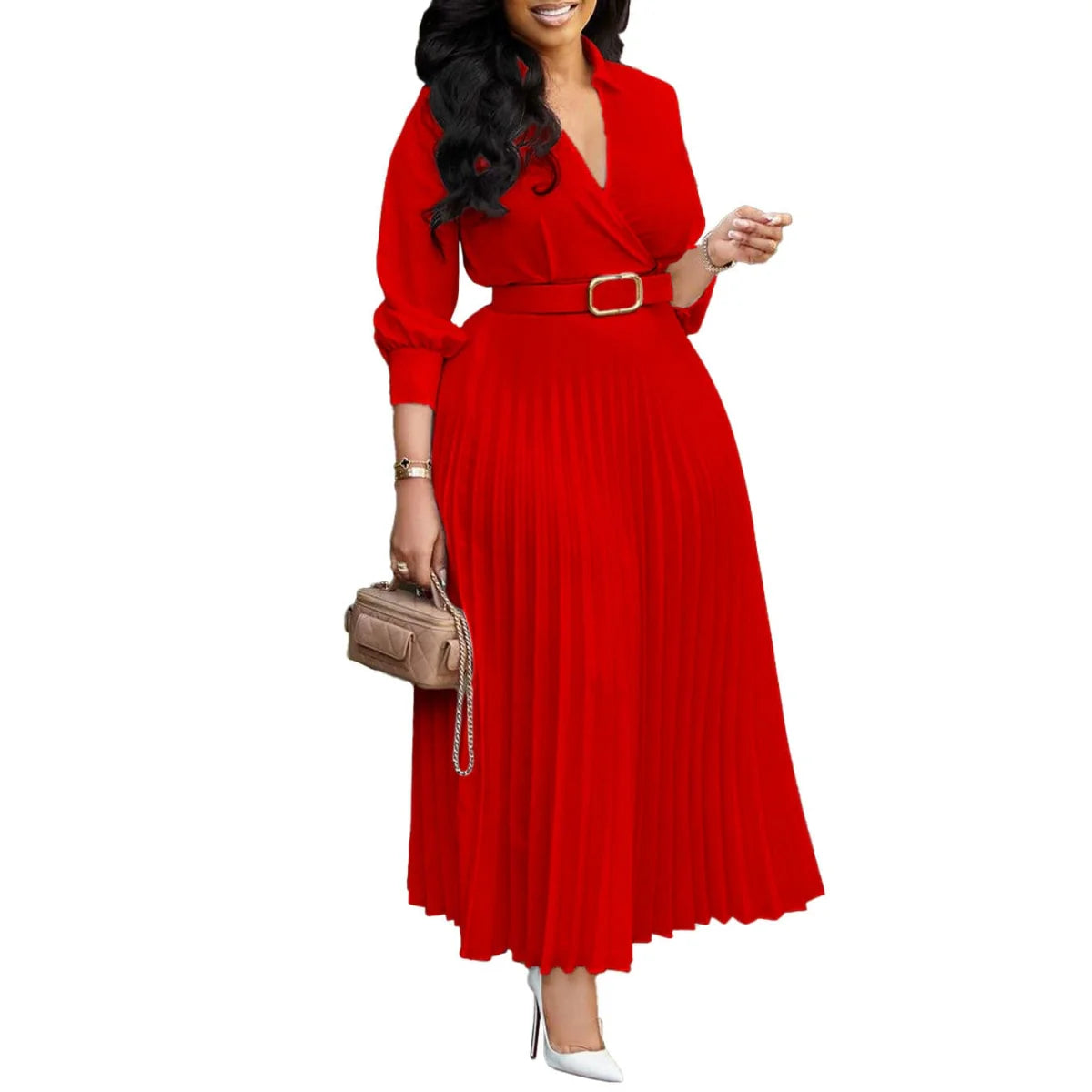 SHOWLU Sexy Sling V-Neck Midi Dress with pleated A-line design, polyester fabric, perfect for stylish women's fashion.