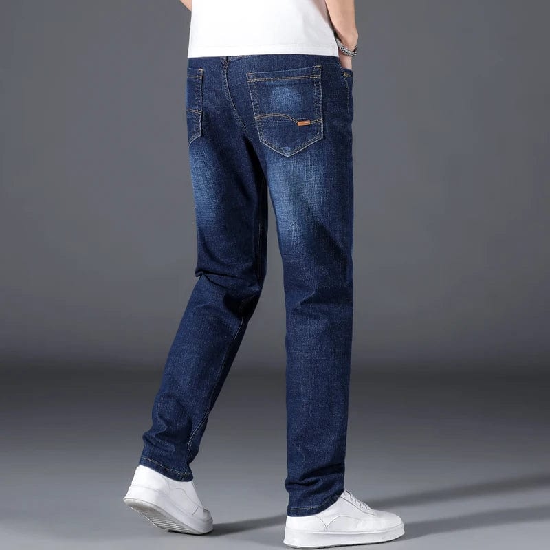 Brother Jans men's plus size loose straight stretch denim jeans in black and blue, casual business-style trousers for men.