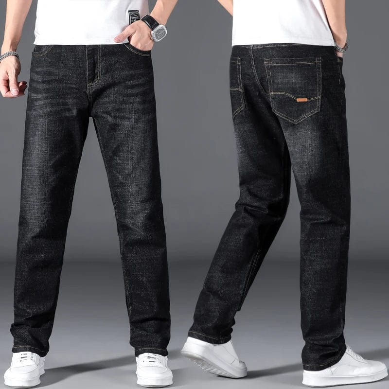 Brother Jans men's plus size loose straight stretch denim jeans in black and blue, casual and business-ready for larger sizes.
