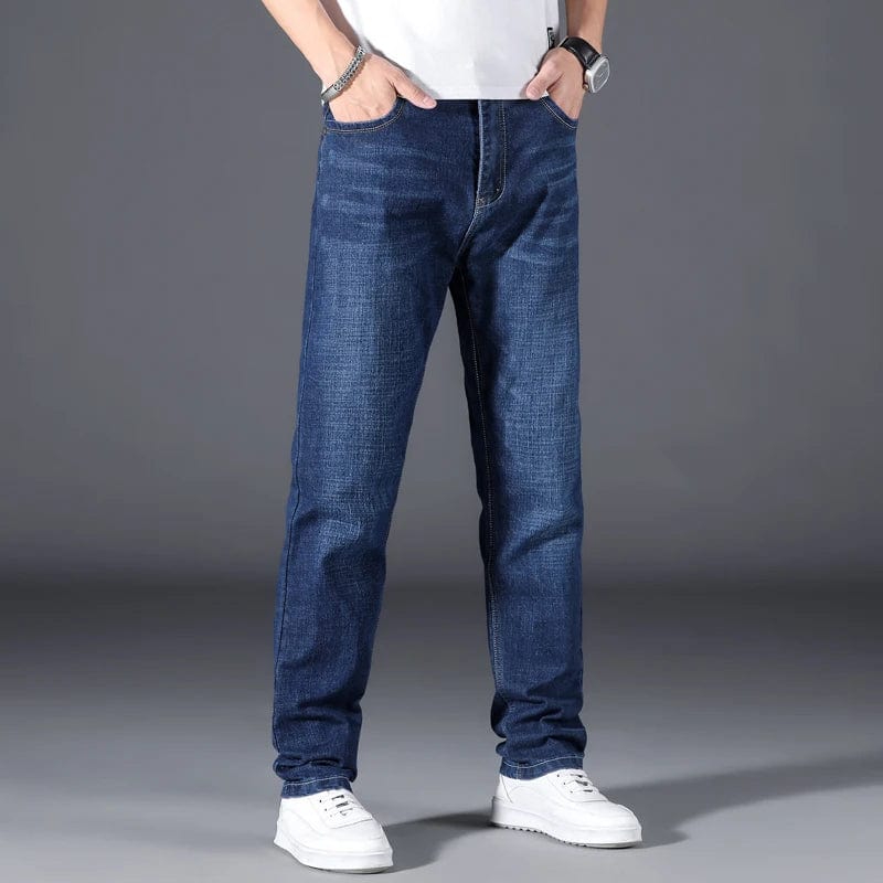 Brother Jans men's plus size loose straight stretch denim jeans in black and blue, casual and business casual style.