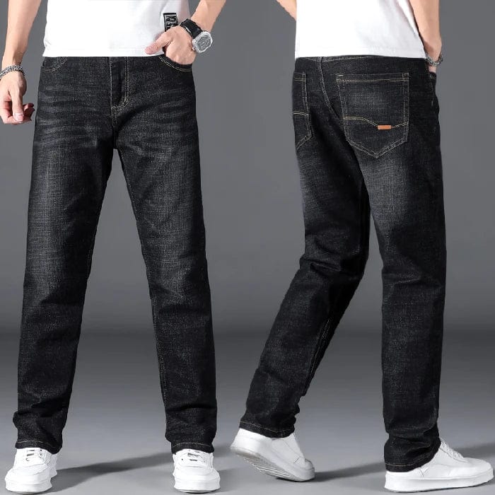 Brother Jans men's plus size stretch denim jeans in black and blue, loose straight fit, casual and business casual trousers for men.