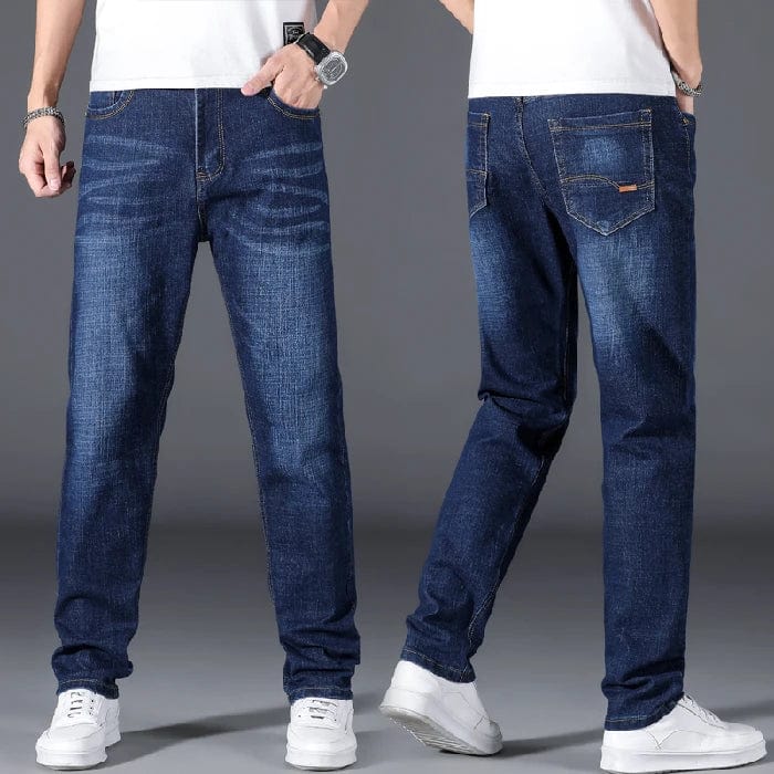Brother Jans men's plus size loose straight stretch denim jeans in black and blue, casual and business casual trousers for larger sizes.