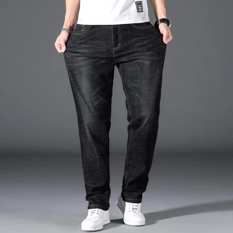Brother Jans men's plus size stretch denim jeans in black and blue, featuring a loose straight fit and casual business style.