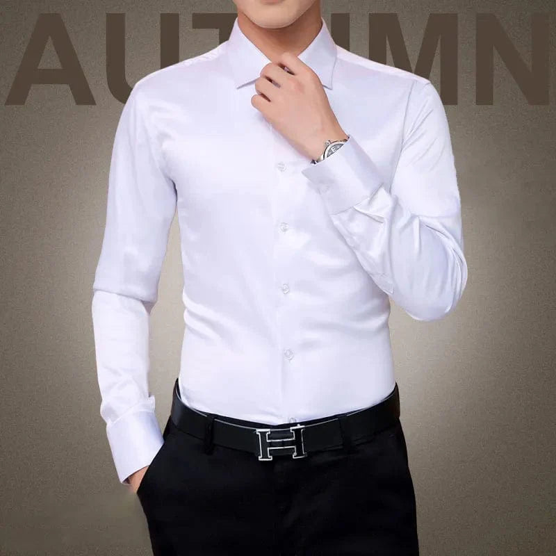 Men's slim fit tuxedo shirt by Showlu Fashion in plus size, long sleeve, mercerized cotton, ideal for formal events.